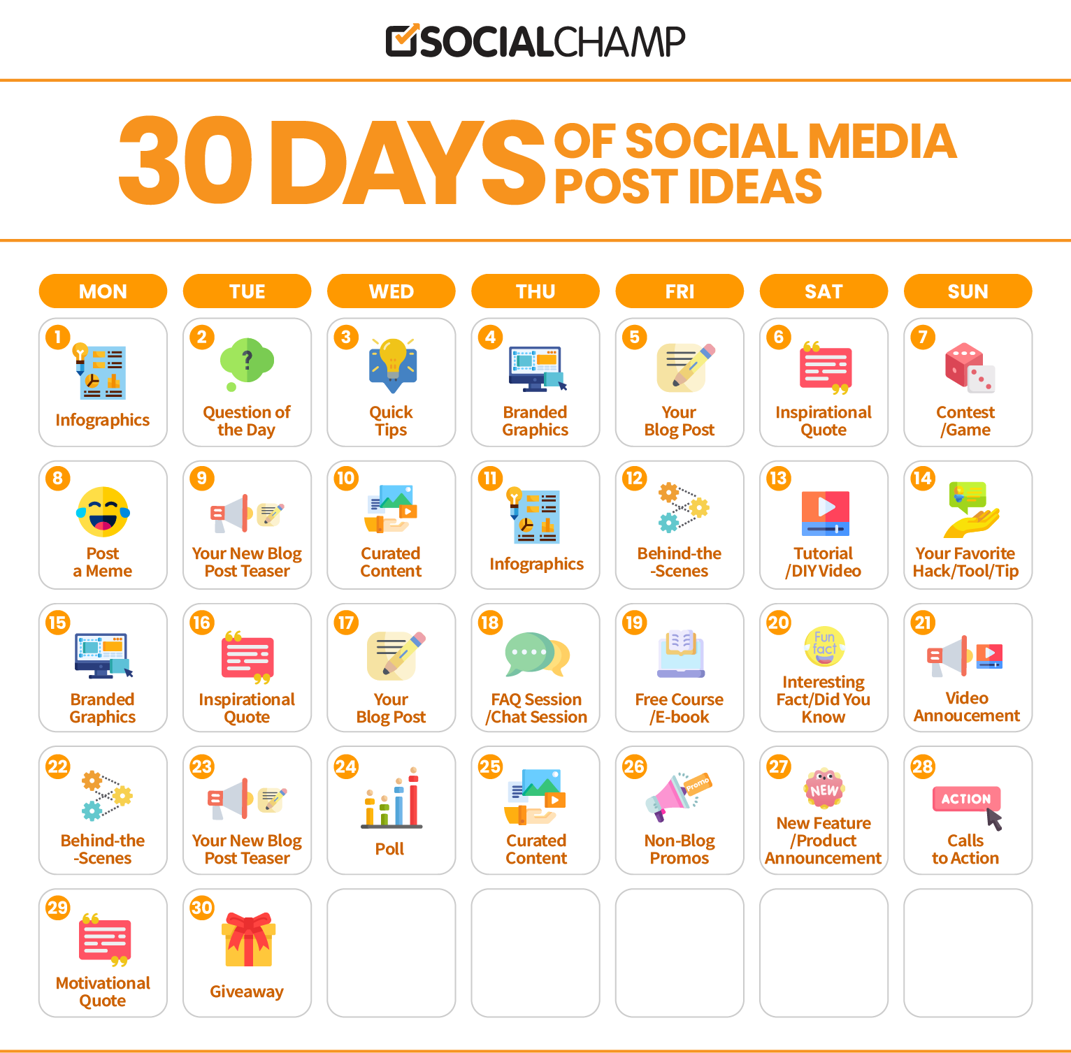 An Infographic of a Social Media Content Calendar Showcasing 30 Days of Social Media Post Ideas