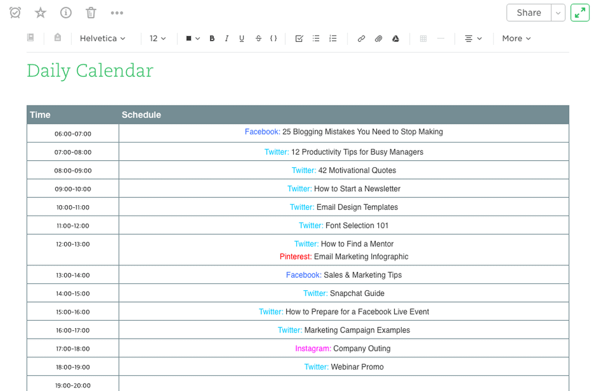 Evernote's Content Calendar