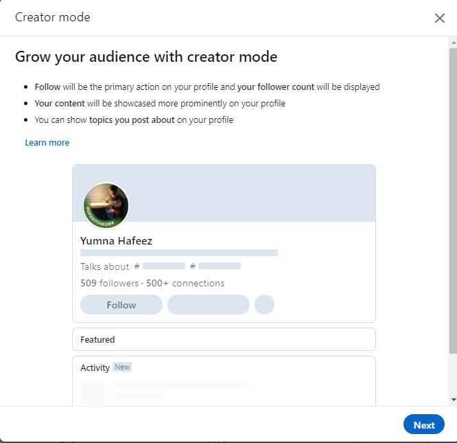 LinkedIn creator mode