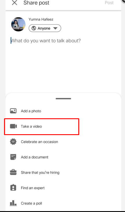 LinkedIn take a video option