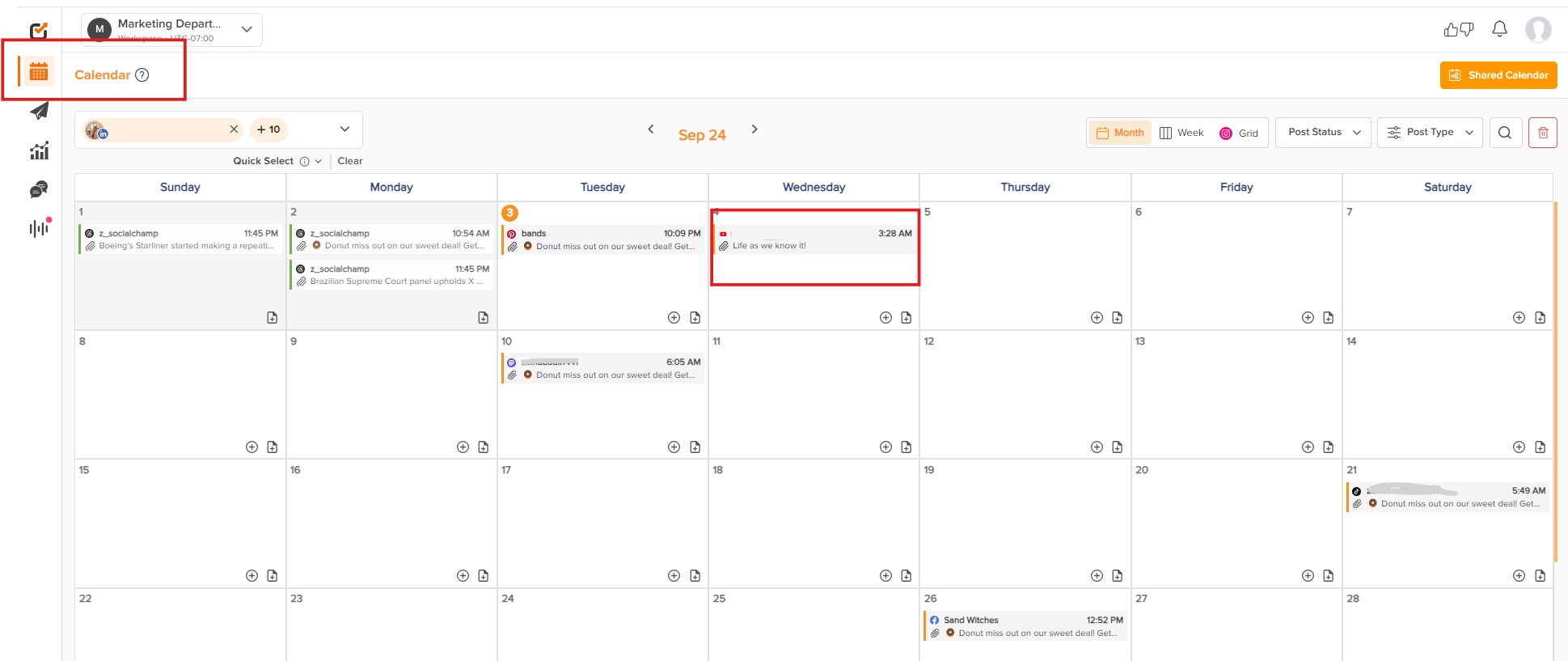 Social Champ's calendar showing the scheduled video