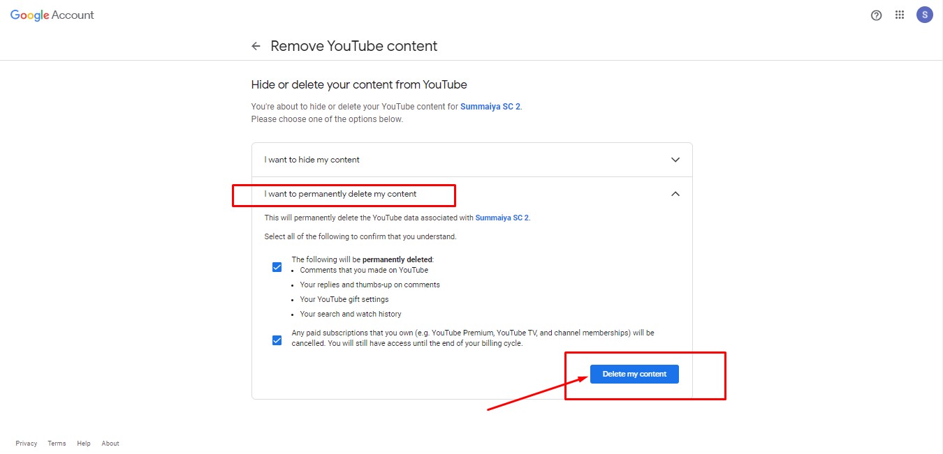 Click "Delete my Content"