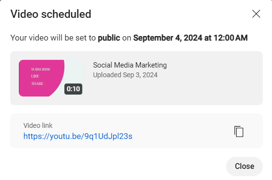 The notification of "Video scheduled"