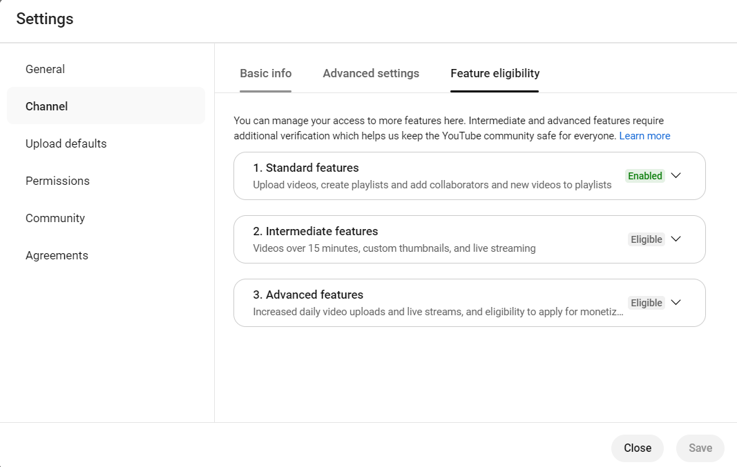 A snapshot showing "Feature Eligibility" options