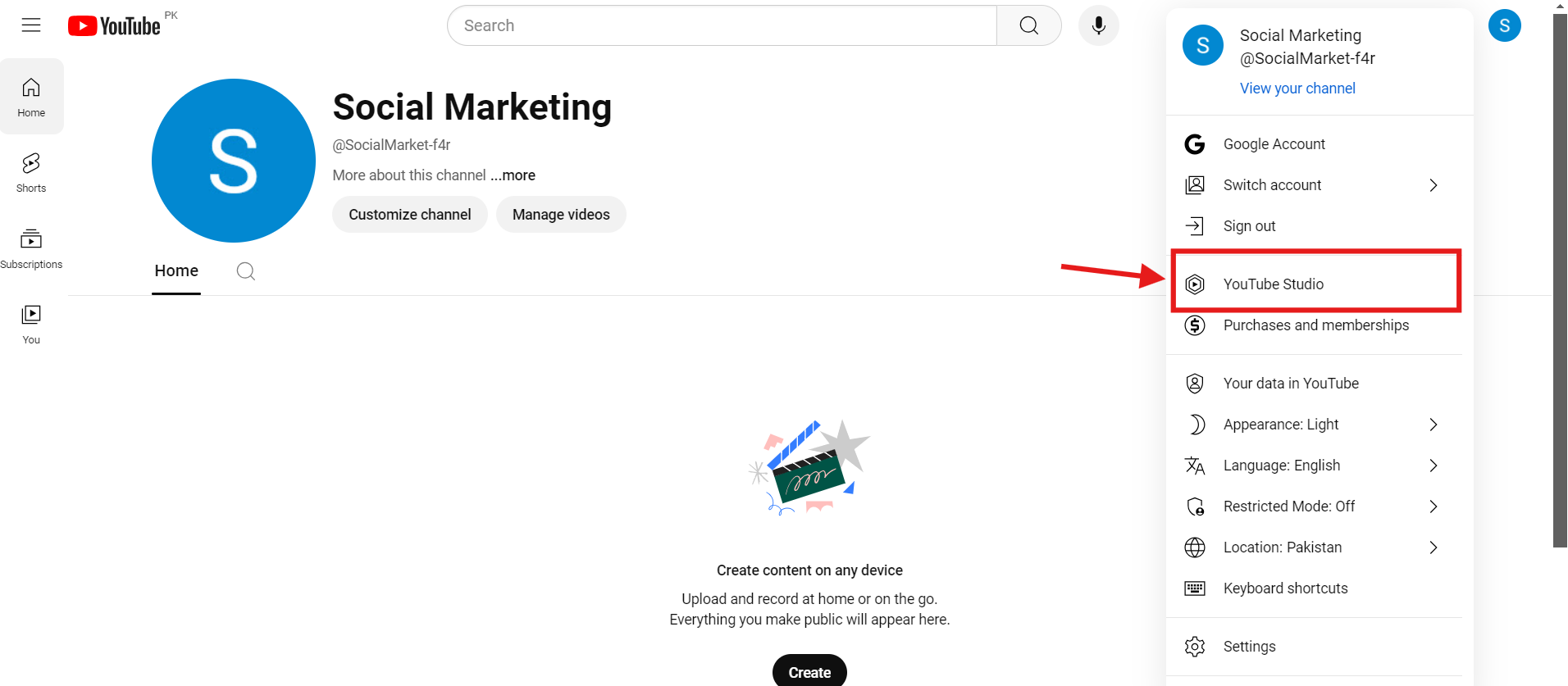 Go to YouTube Studio option