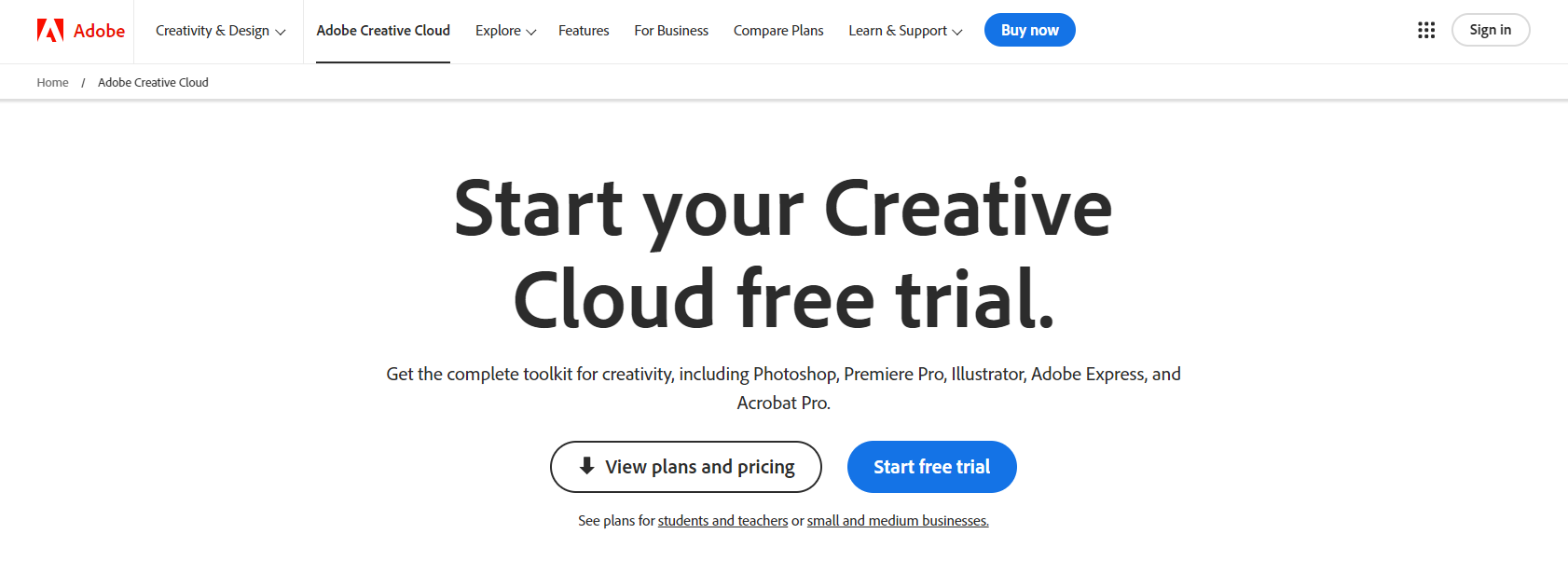 Adobe Creative Cloud's home page