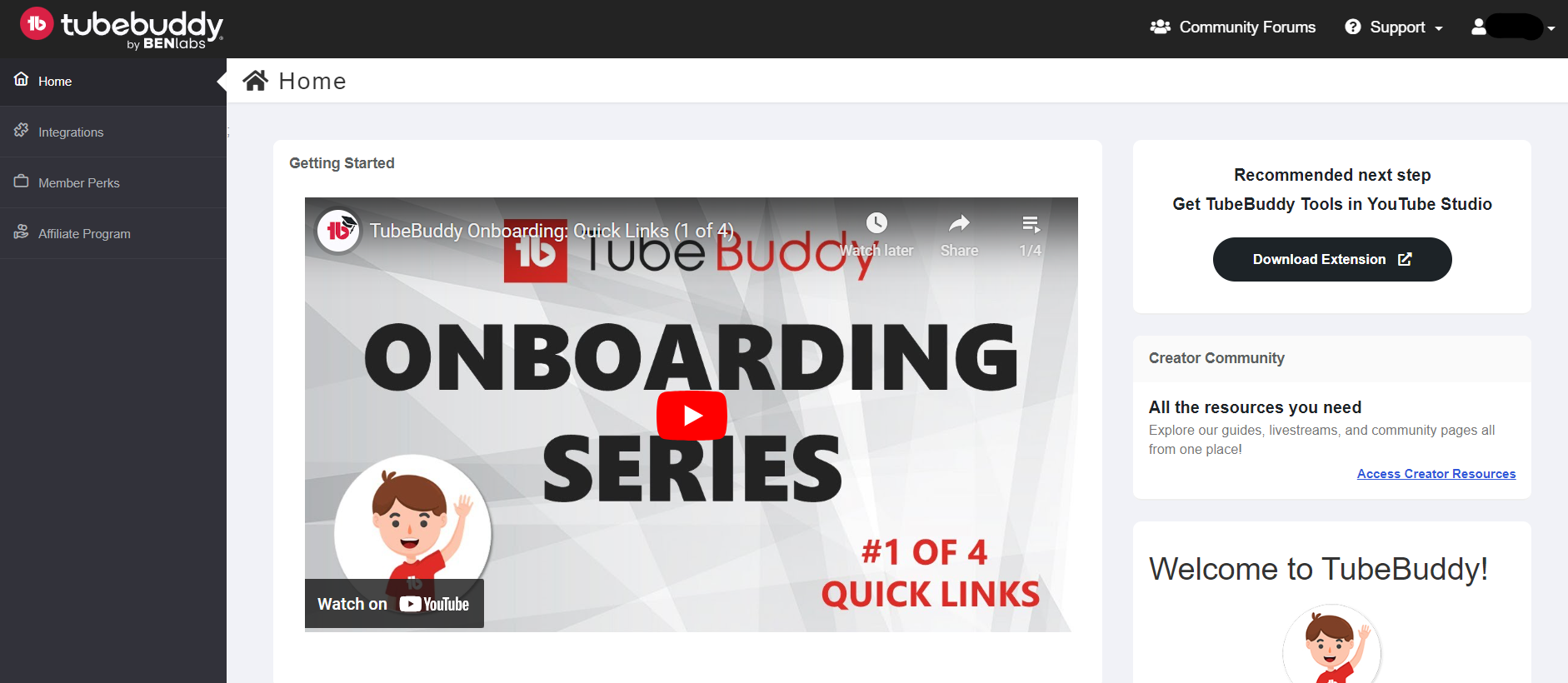 TubeBuddy's dashboard