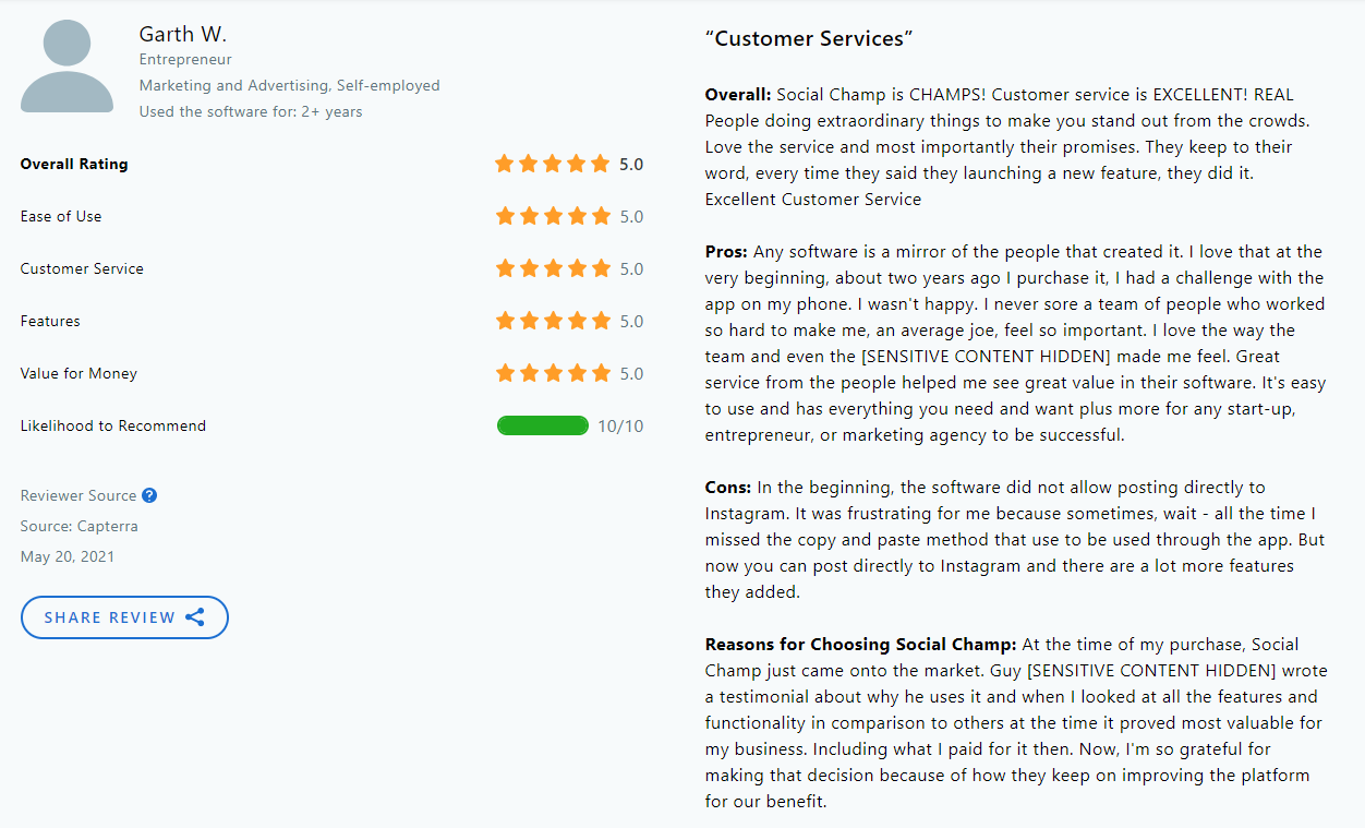 Customer Review for Social Champ