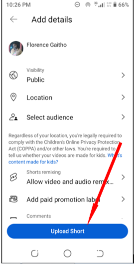 Tap "Upload Short"