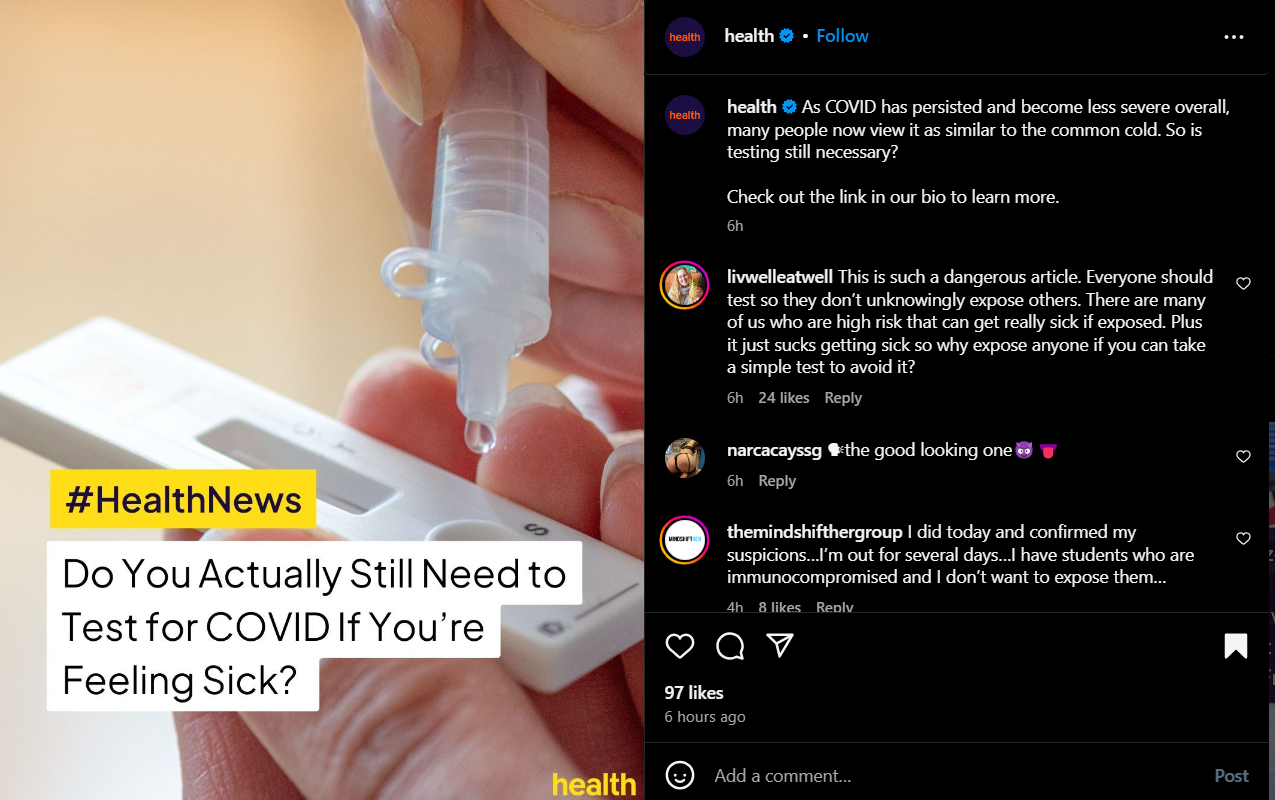 'Health' posted about COVID-19 to engage its audience on Instagram