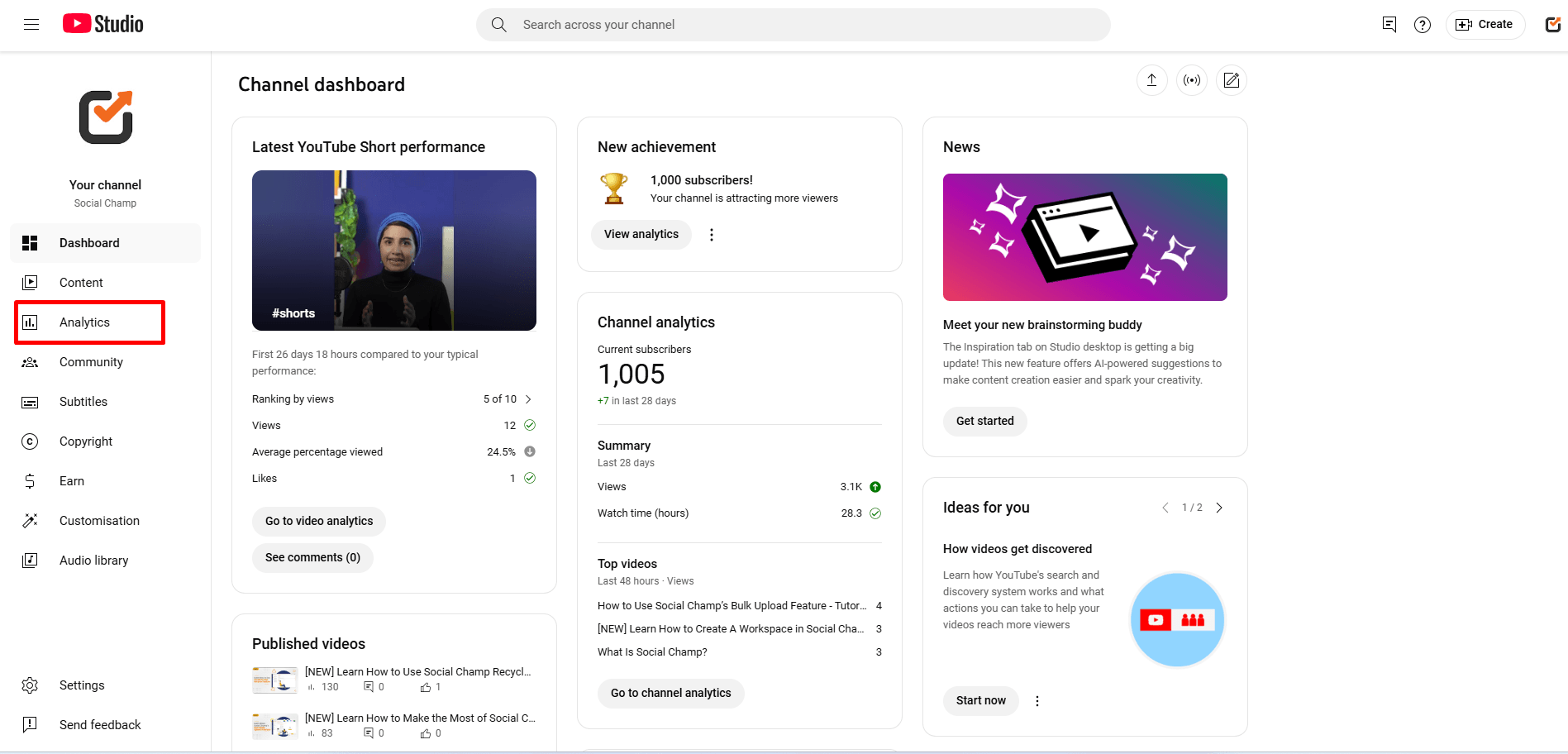 YouTube Studio Dashboard