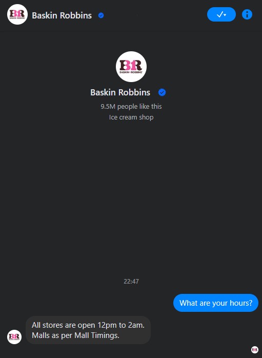 A snapshot of Baskin Robin's messenger responses