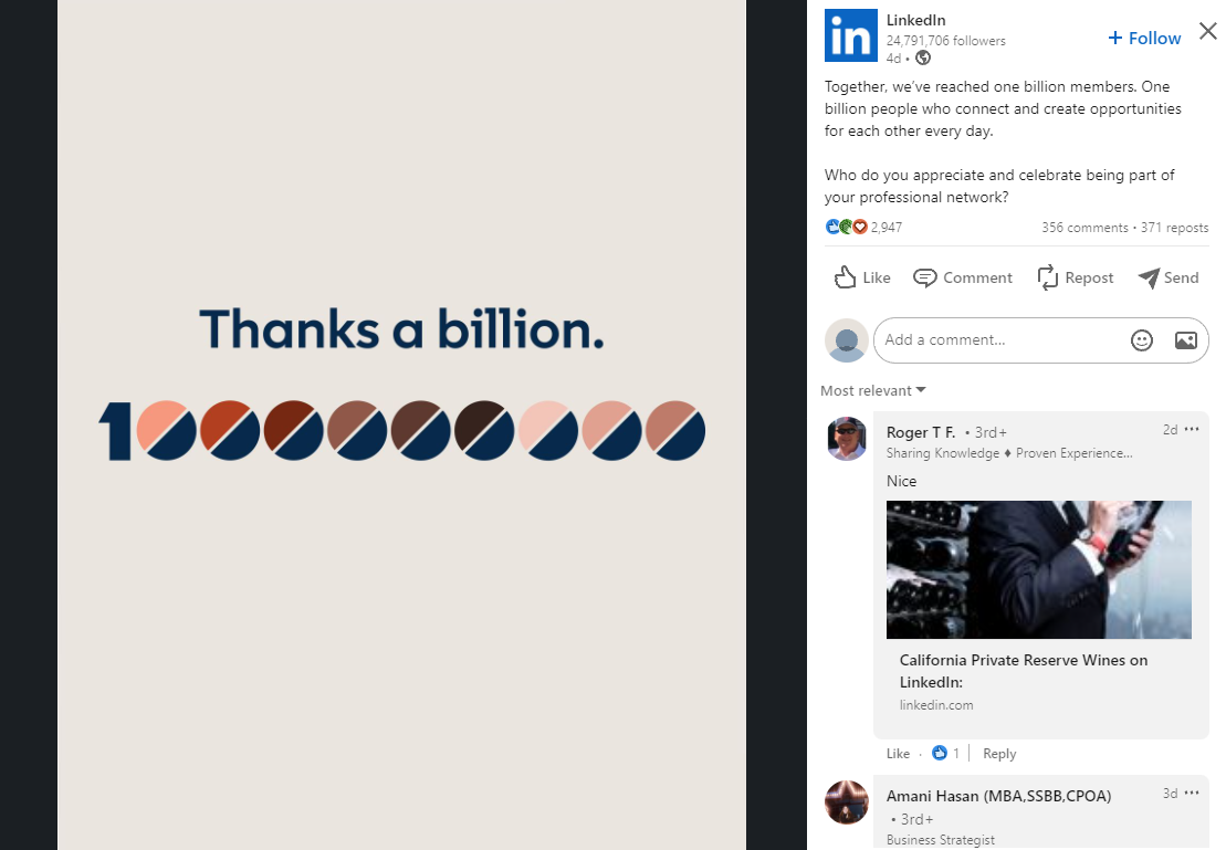 A snapshot of LinkedIn’s celebration post 