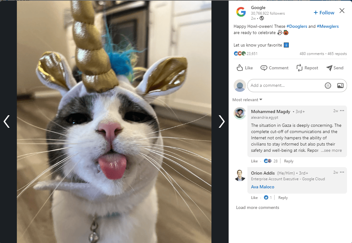 A snapshot of Google's Halloween post on LinkedIn