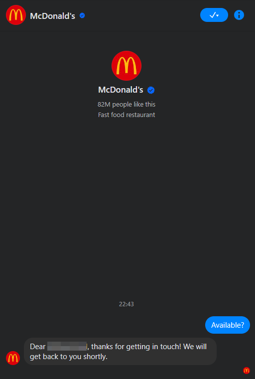 A snapshot of McDonald's messenger responses