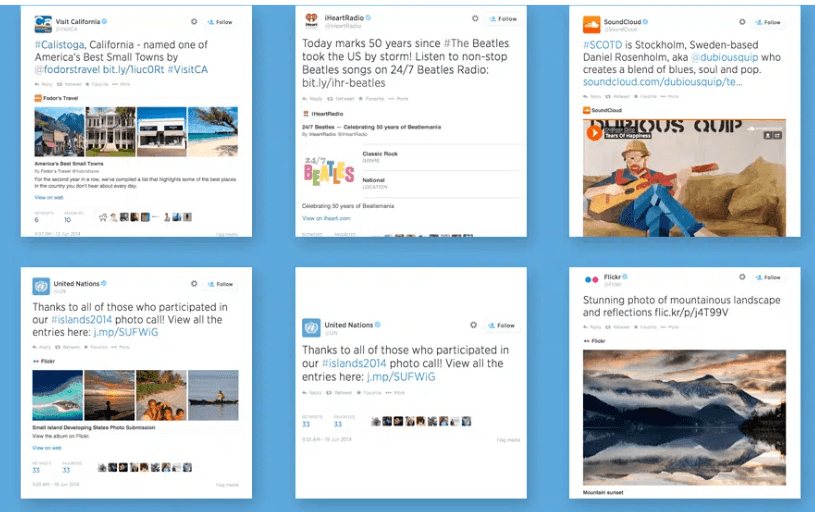 A snapshot of tweets made using the Twitter Card Validator