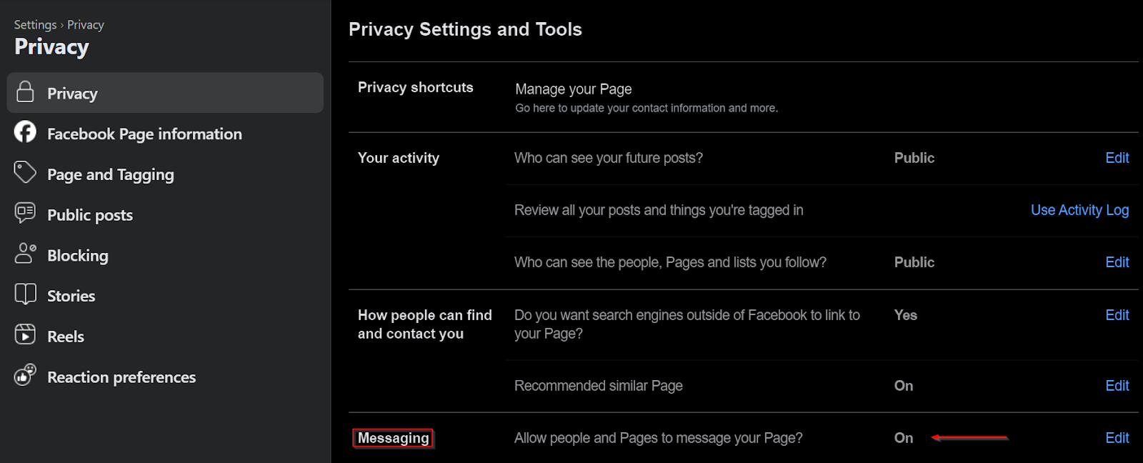 Privacy and Settings option- visual 