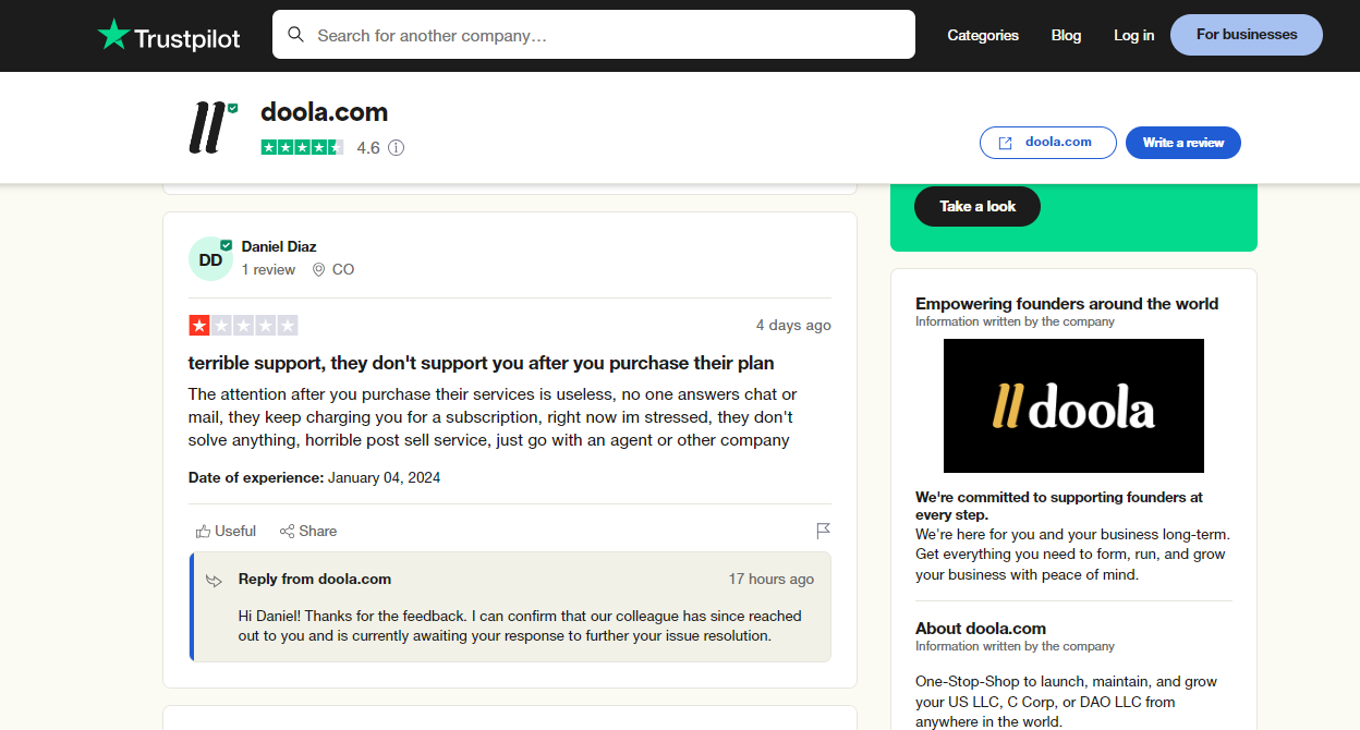 An example of community management on Trust Pilot by Doola