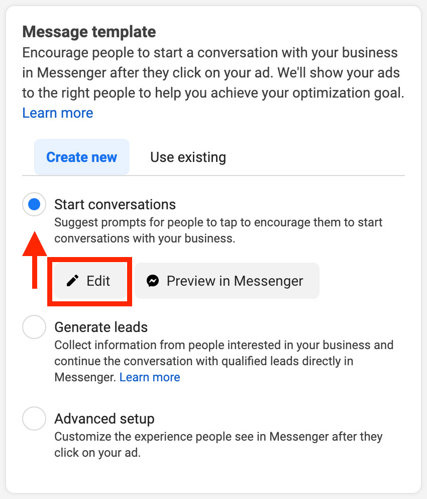 Create a “Start Conversations” Message Template