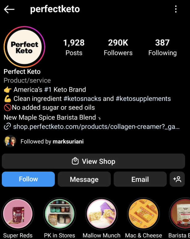 A snapshot of Perfect Keto's Instagram link in bio 