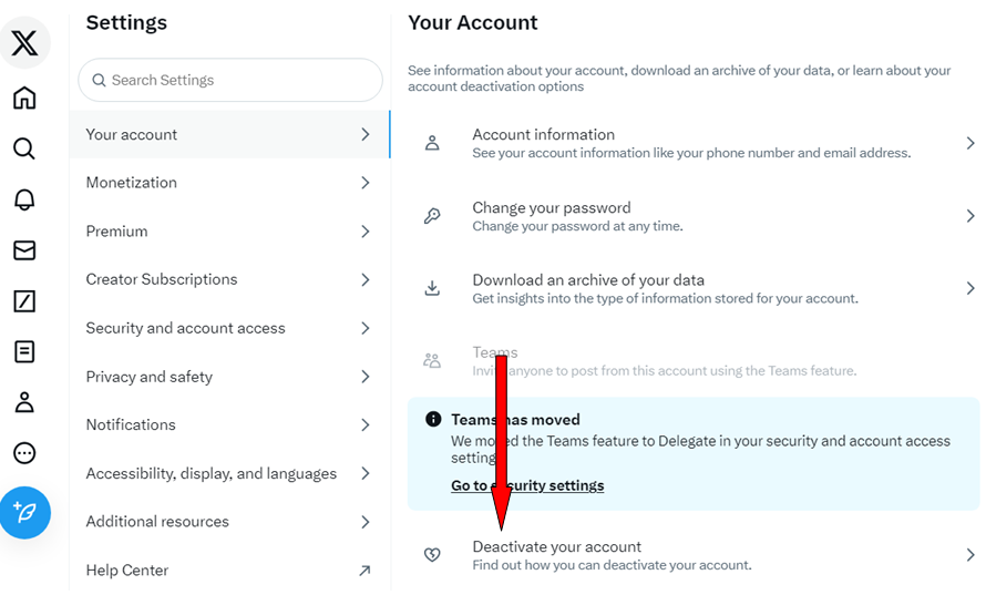 Visual of deactivate your account option