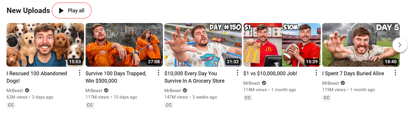 A snapshot of Mr.Beast's thumbnails on YouTube