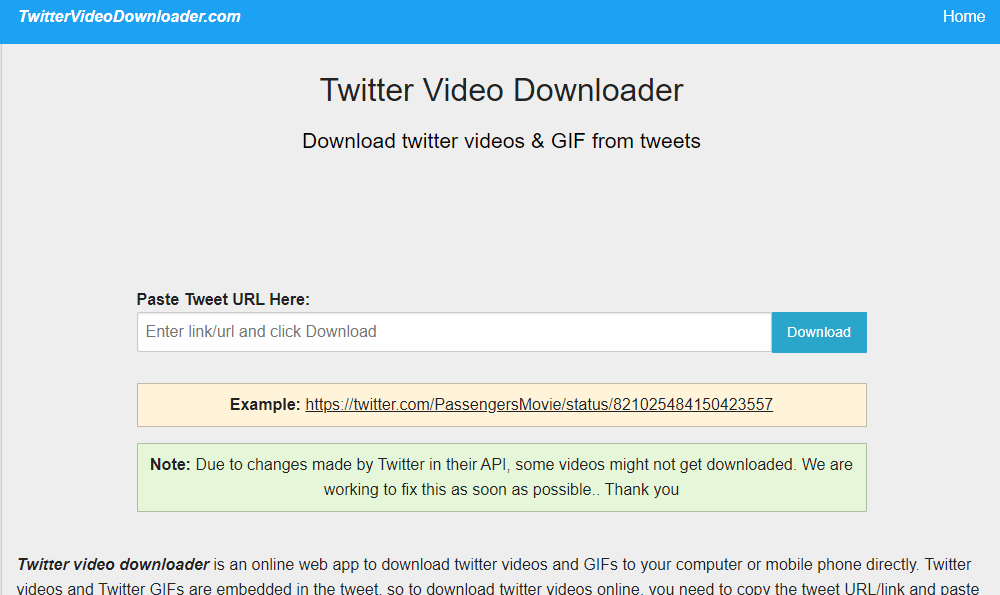 A snapshot of Twitter Video Downloader