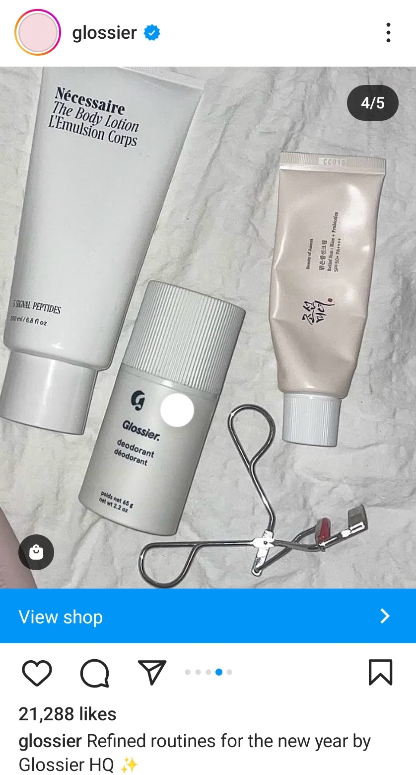 A snapshot of Glossier's Instagram shopping store