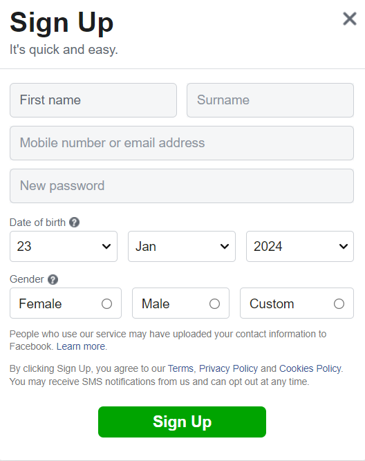 Visual of how to sign up on Facebook