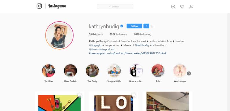 A snapshot of Kathryn Budig's Instagram link in bio