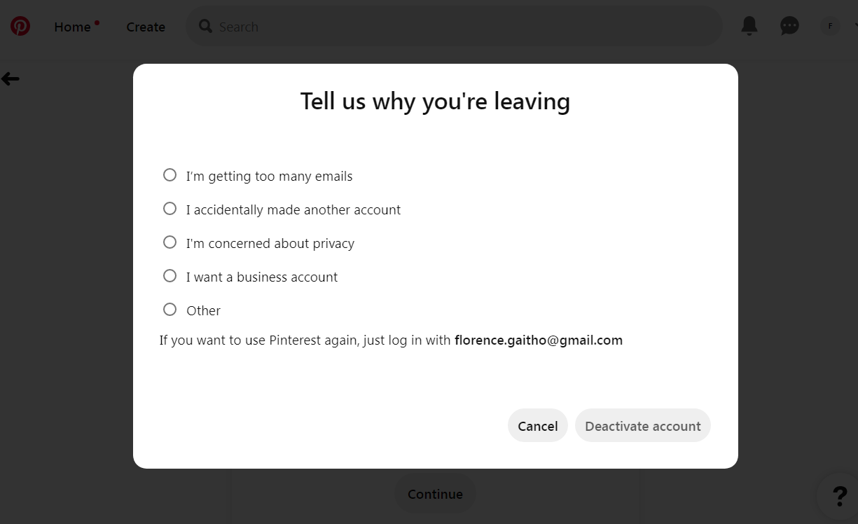 Delete Pinterest Account - Step 6 (b)