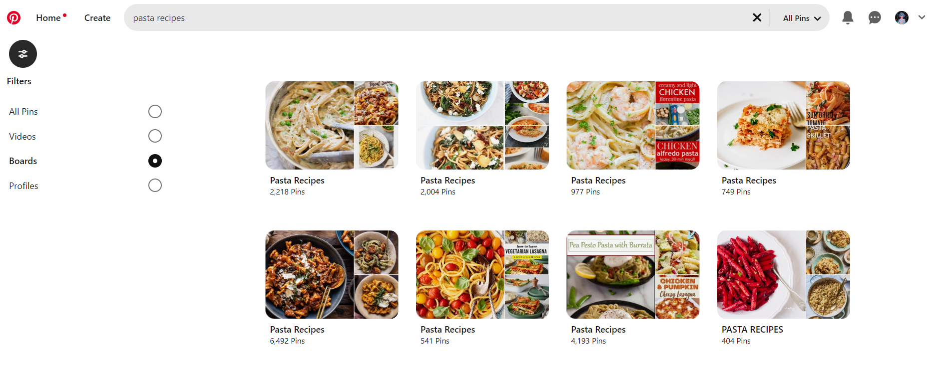 A snapshot of Pinterest boards