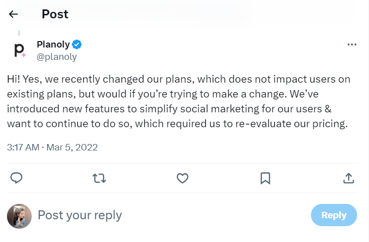 A snapshot of Planoly's tweet on price hikes