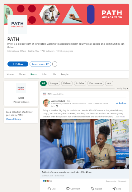 LinkedIn page of a nonprofit, PATH