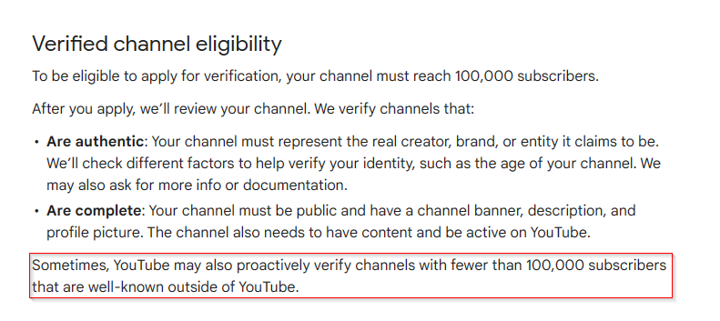 Eligibility criteria for verifying YouTube account