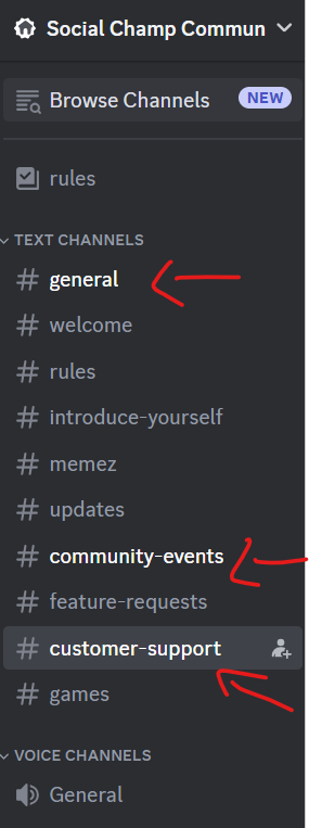 A screenshot of specific channels on Social Champ’s Discord server