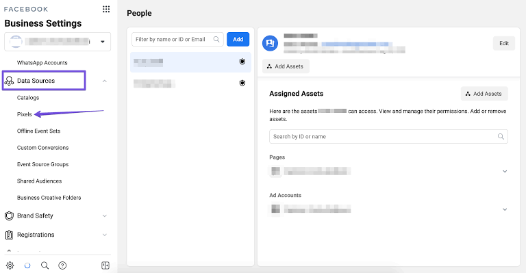 A snapshot of where you can find 'Pixels' in Facebook Ads Manager