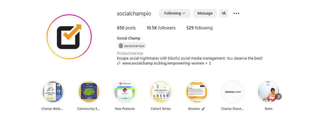 A Snapshot of Social Champ's Instagram profile