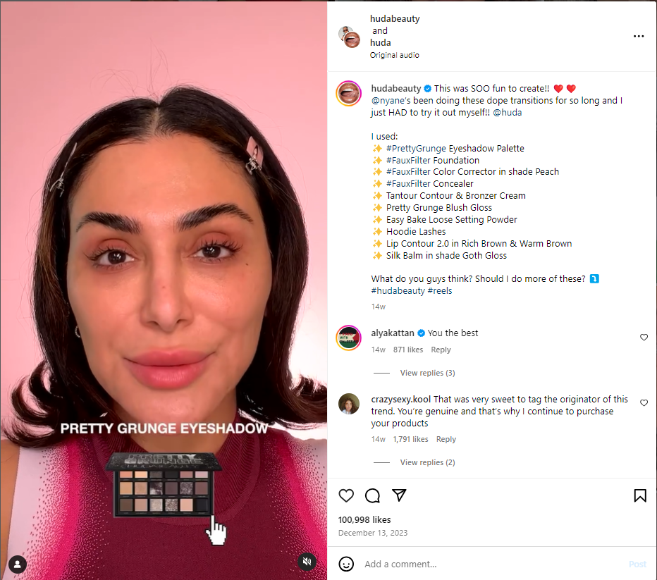 A snapshot of Huda Beauty’s visually aesthetic post 