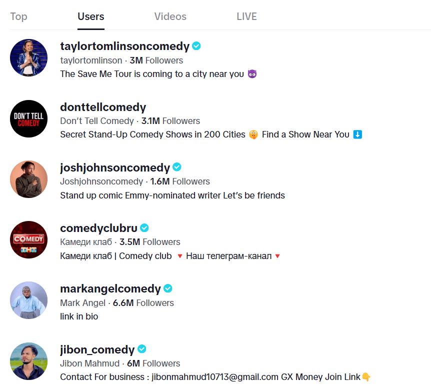 Screenshot of TikTok Comedy and Entertainment Accounts