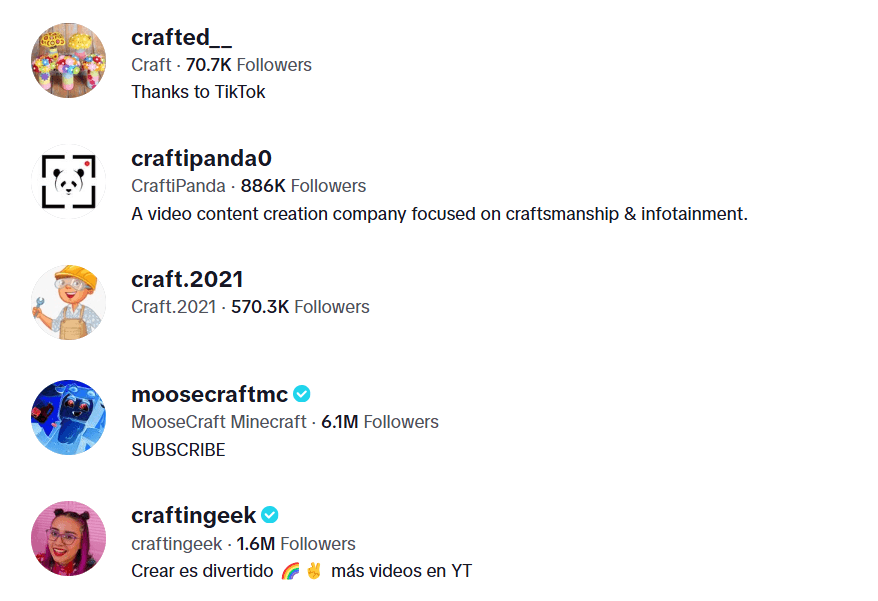 Screenshot of TikTok DIYs and Crafts Accounts