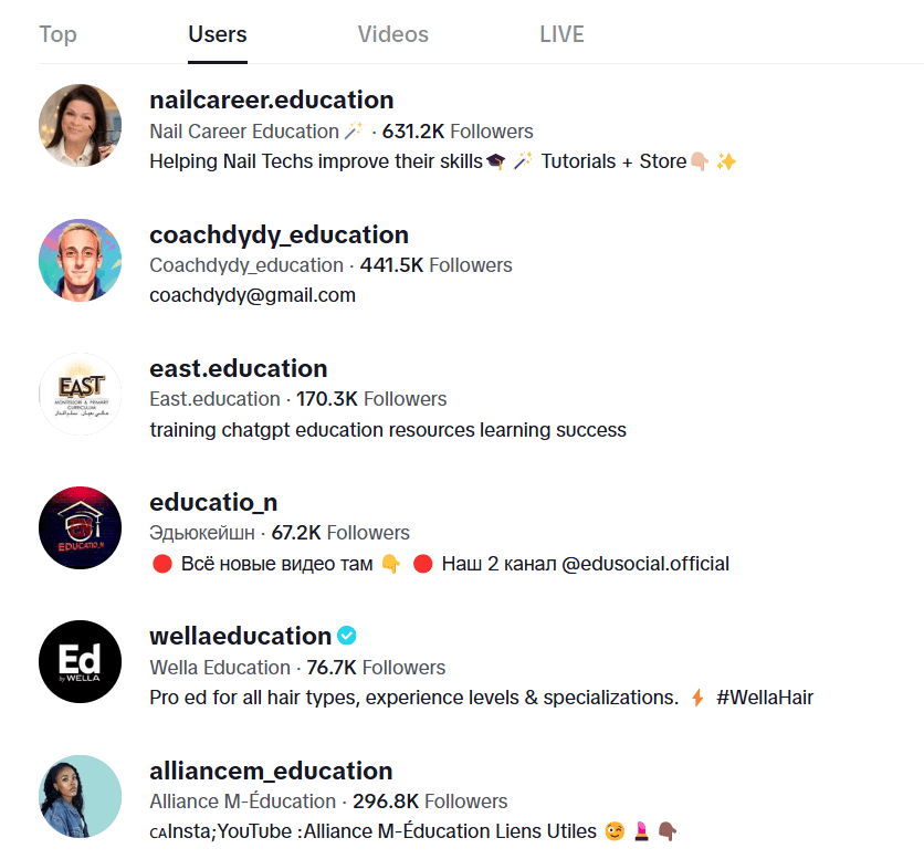 Screenshot of TikTok Education and Inspiration Accounts