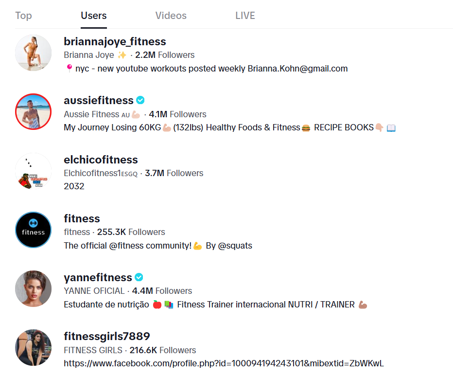 Screenshot of TikTok Health and Fitness Accounts