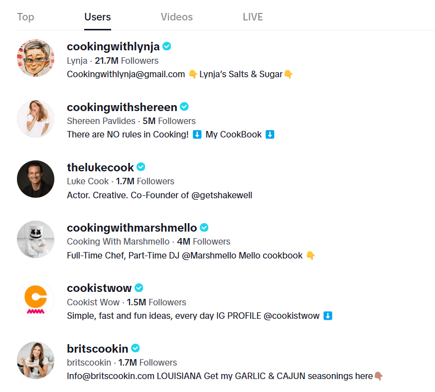 Screenshot of TikTok Food and Cooking Accounts