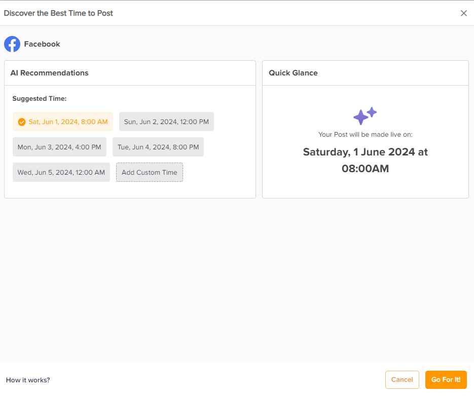 A snapshot of Social Champ's AI-powered best time to post feature using predictive analysis