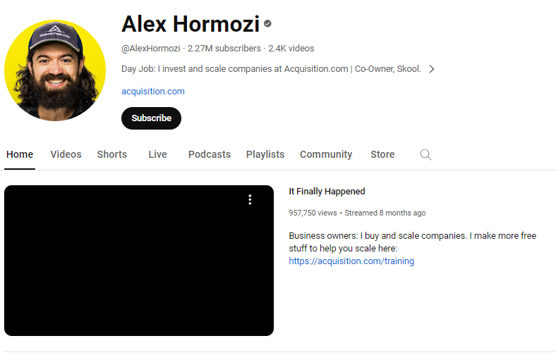 A snapshot of Alex Hormozi's optimized channel 