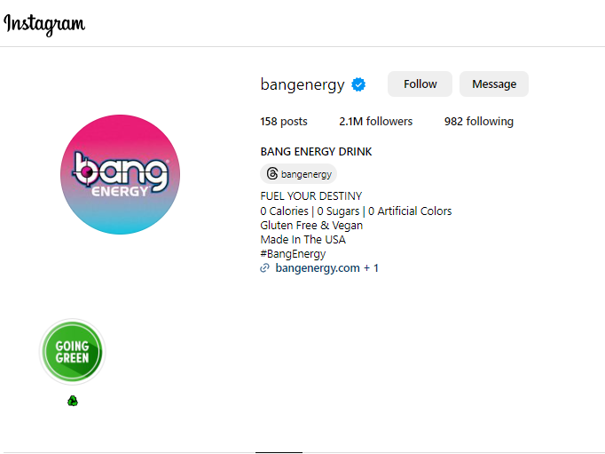 A snapshot of Bang Energy's Instagram Business