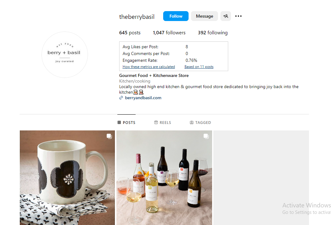 A snapshot of gourmet food/ kitchenware shop on Instagram