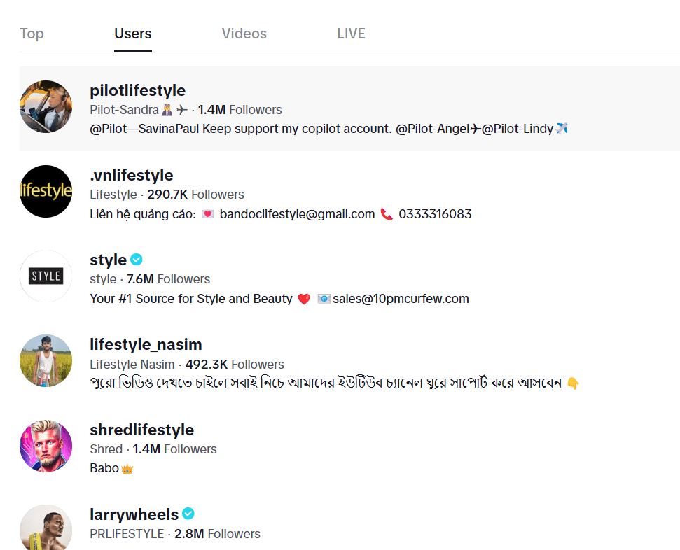 Screenshot of TikTok Lifestyle and Wellness Accounts