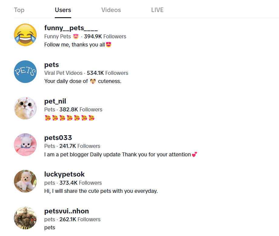 Screenshot of TikTok Pets and Animals Accounts